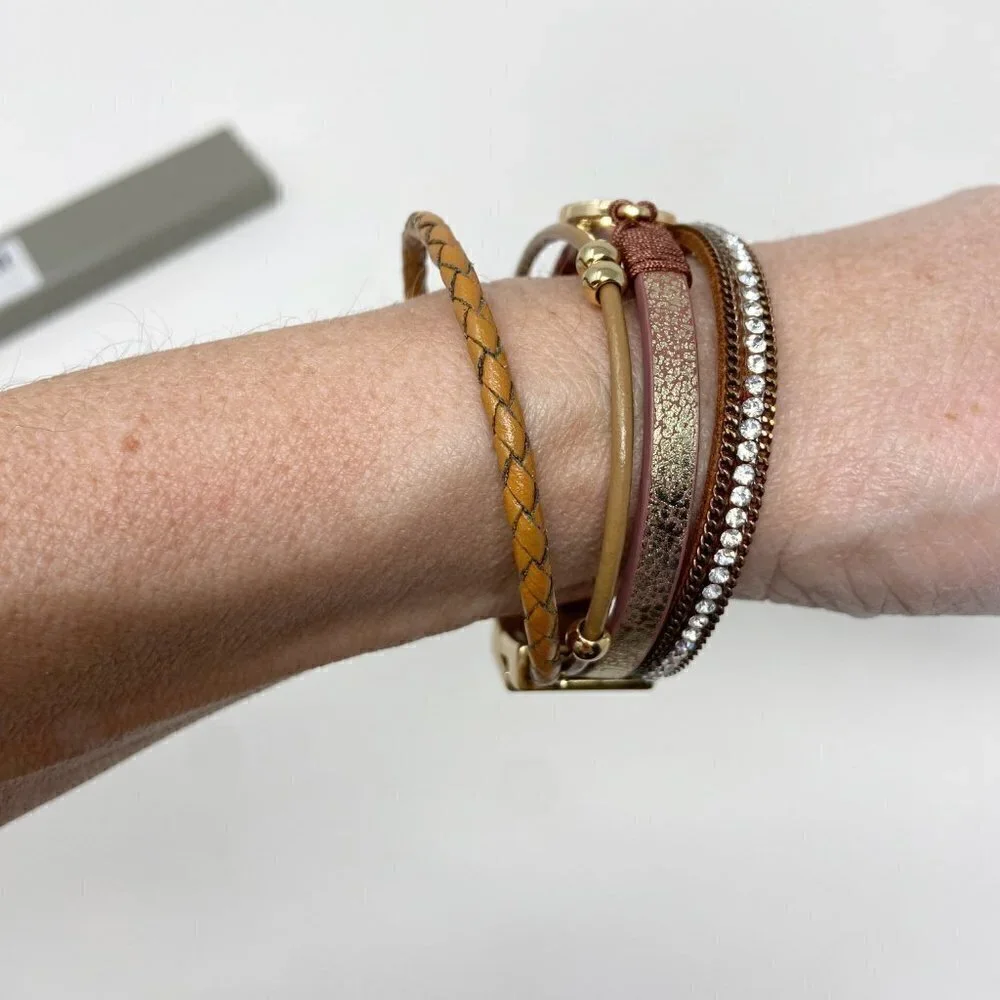 BTYSUN | Brown Leather Gold Tone Beaded Wrap Bracelet Magnetic Closure